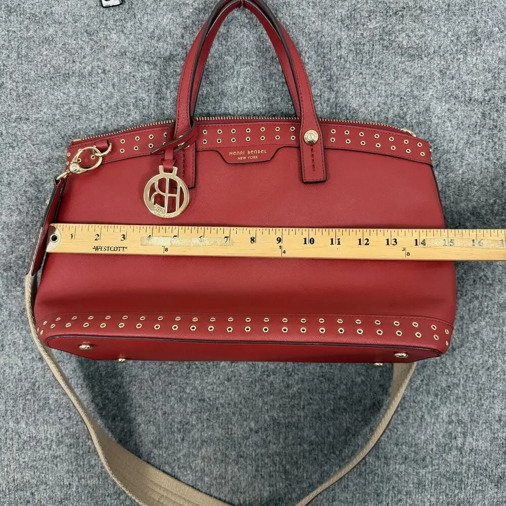 Henri Bendel West 57th Saffiano Leather Crossbody Satchel Bag in Red Studded